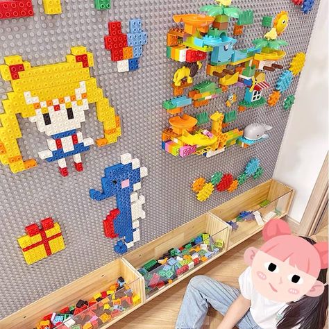 Playroom Building Area, Playroom Craft Room, Lego Wall Playroom, Playroom Game Room Ideas, Elementary Age Playroom, Garage Kids Playroom, Interactive Wall For Kids, Lego Wall Diy, Playroom In Living Room Ideas