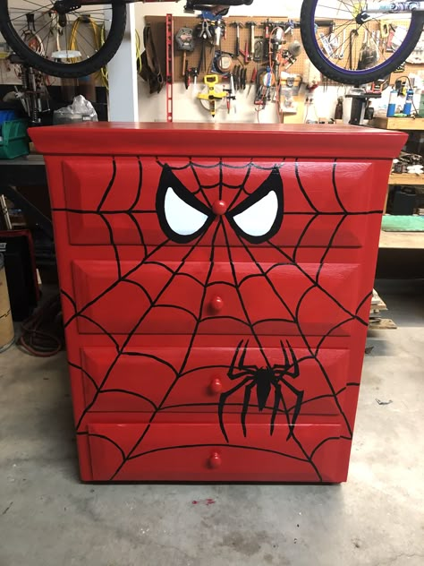 Spiderman And Batman Bedroom, Spiderman Dresser Diy, Spider Man Furniture, Spiderman Nightstand, Disney Themed Furniture, Spider Man Dresser Diy, Spiderman Drawer, Spiderman House Decor, Spiderman Theme Bedroom