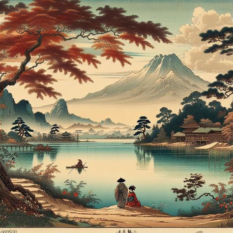 Tranquil Reflections of Edo In this exquisite artwork, the serene beauty of traditional Japan is captured through the lens of an Edo-period woodblock style. The scene unfolds with a tranquil lake reflecting the majestic presence of Mount Fuji, surrounded by lush greenery and ancient pine trees. A solitary fisherman in a small boat glides effortlessly across the water, while two figures in traditional kimono stand on the shore, gazing towards the distant horizon. The sky is painted in soft pa... Japanese Edo Art, Japan Edo Period Aesthetic, Kimono Stand, Urashima Taro, Japanese Port, Frame Tattoo, Edo Period Japan, Japan Landscape, Image Poetry