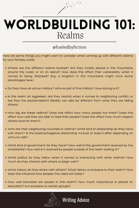 This little series of world-building aspects continues! Today, I have a few things you should consider when planning different realms in your fantasy world. Check out my world-building 101 board to find more posts like this that will help you create unique, convincing, and interesting fantasy worlds! Fantasy World Building, Different Realms, Menulis Novel, Novel Tips, Writing Inspiration Tips, Writing Fantasy, World Building, Writing Prompts For Writers, Writing Dialogue Prompts