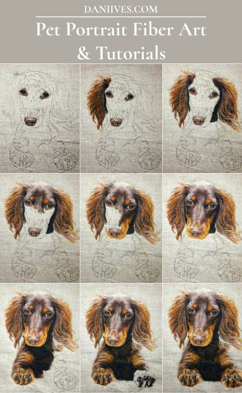 Fiber Artist Dani Ives creates custom artwork, including needle felted pet portraits. You can learn how to create realistic pet portraits in her online needle felting courses. Cat Portrait Painting, Dog Portraits Art, Portrait Tutorial, Dog Embroidery Designs, Felt Crafts Patterns, Needle Felted Dog, Felt Pictures, Needle Felting Tutorials, Fiber Artist