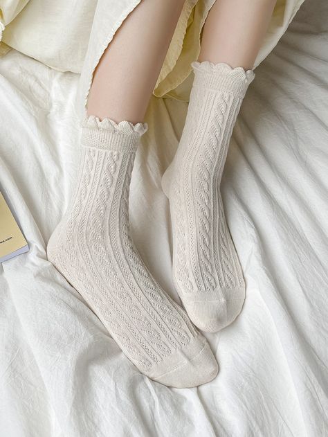 Beige  Collar  Polyester Plain Crew Socks Embellished   Women Socks & Hosiery Coquette Socks Aesthetic, Plain Socks Aesthetic, Aesthetic Socks Vintage, Fancy Socks Women, Cool Socks Aesthetic, Feminine Socks, Frilled Socks, Cute Socks Aesthetic, Coquette Socks