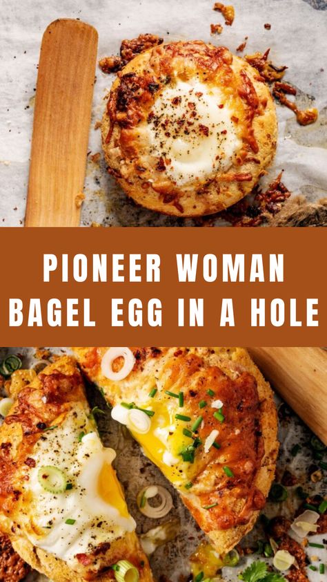 Pioneer Woman Bagel Egg In A Hole Egg In Hole Bagel, Bagel Eggs In A Hole, Bagel Egg In A Hole, Bagel Breakfast Ideas, Egg Bagel Recipe, Bagel With Egg, Pioneer Woman Breakfast, Pioneer Kitchen, Egg Bagel