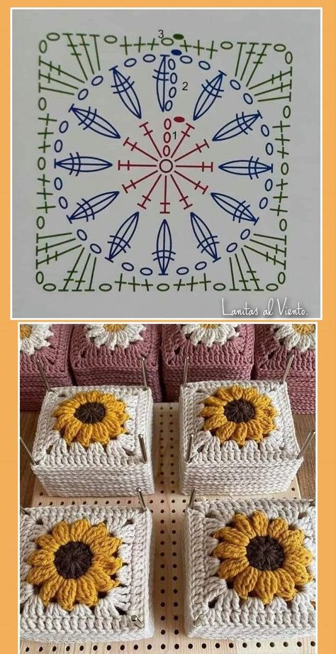 Sunflower Squares Crochet, 3 D Granny Square Crochet, Sunflower Granny Square Pattern Diagram, Sunflower Granny Square Diagram, Sunflower Crochet Square Patterns, Sunflowers Crochet Patterns, Granny Square Crochet Sunflower, Crochet Flowers Square, Granny Square Crochet Pattern Sunflower