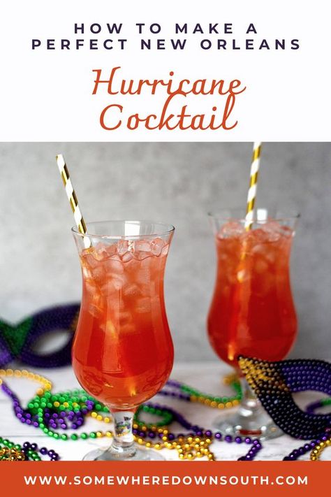 The Hurricane is a famous southern cocktail originally created at Pat O'Briens bar in New Orleans. The Hurricane is a mix of rum and passionfruit. It is a fruity drink served in a glass reminiscent of an old Hurricane lamp. Enjoy making this classic southern cocktail - the Hurricane. Mardi Gras Drinks, Southern Cocktail, Cocktail Videos, Passion Fruit Juice, Yummy Alcoholic Drinks, Liquor Drinks, Fruity Drinks, Mixed Drinks Recipes, Southern Food