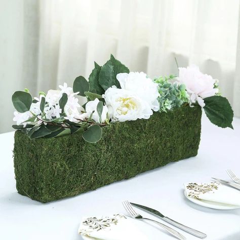 Preserved Moss Decor - Planter Moss Liner | TableClothsFactory – tableclothsfactory.com Planter Box Centerpiece, Moss Planter, Rectangular Planter Box, Moss Centerpieces, Moss Decor, Metal Planter Boxes, Diy Planter Box, Party Tablescapes, Moss Covered