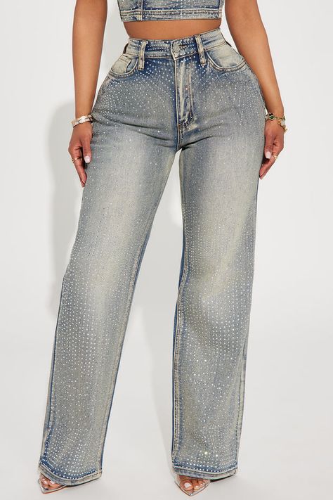 Chasing A Dream Embellished Stretch Straight Leg Jeans - Vintage Wash | Fashion Nova Fashion Nova Finds, Fly Outfits Women, Rhinestone Jeans Outfit, Baddie Jeans, Timbs Outfits, Sparkle Jeans, Denim Jeans Outfit, Bling Jeans, Rhinestone Jeans