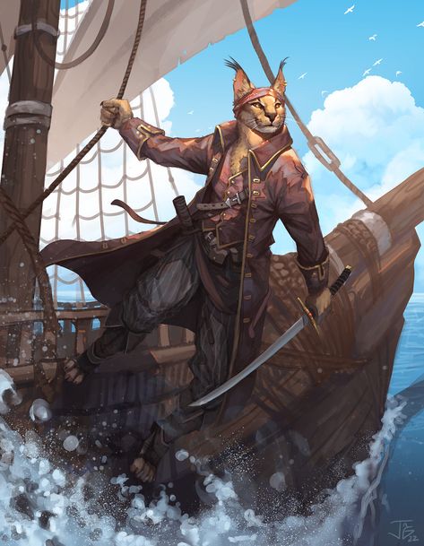 Shark Folk Dnd, Dnd Ship Crew, Shipwright Character, Cat Pirate Art, Beastfolk Character Design, Tabaxi Swashbuckler, Dnd Swashbuckler, D&d Pirate, Pirate Dnd Character