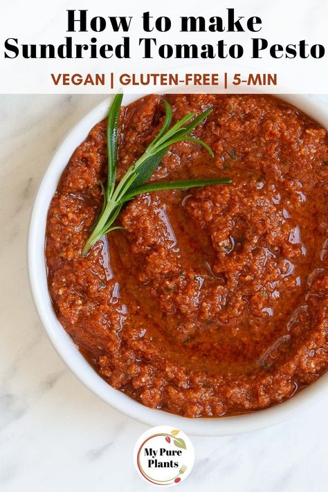 This delicious vegan sun-dried tomato pesto, enhanced with the addition of fragrant rosemary, offers a bold and savory flavor that is sure to satisfy. The taste of sun-dried tomatoes is expertly balanced with the woodsy notes of rosemary for a truly unique and delicious pesto experience. Red Pepper Pasta Sauce, Sun Dried Tomato Pesto, Vegan Mushroom Pasta, Vegan Pasta Sauce, Vegan Risotto, Zesty Salad, Sundried Tomato Pesto, Vegan Parmesan Cheese, Vegetarian Breakfast Recipes