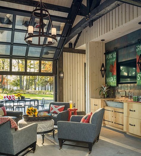 Farmhouse Family Room with Union Jack Pillows Glass Garage Door, Stone Farmhouse, Screen Porch, Garage Conversion, New England Homes, Screened Porch, House And Home Magazine, Garage Door, Pool House