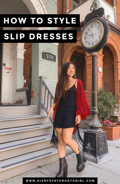 Slip Dress Shoes Outfit, Slip Dress And Cardigan Outfit, Layer Spaghetti Strap Dress, How To Style Cami Dress, Styling A Spaghetti Strap Dress, How To Style A Slip Dress Outfit Ideas, Shoes With Slip Dress, Black Slip Dress Outfit Summer, How To Dress Up A Slip Dress