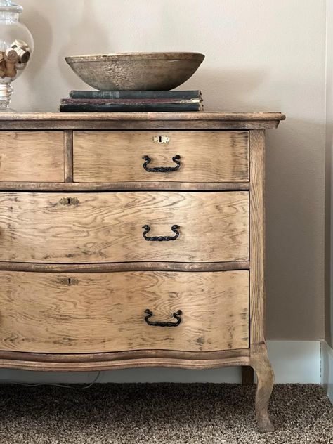 Raw Dresser Makeover, Natural Finish Dresser, Bleached Dresser Makeover, Raw Wood Finish Diy, Redone Antique Dresser, Vintage Dresser Restoration, Raw Wood Dresser Makeover, Vintage Dresser Painted, Natural Wood Dresser Diy