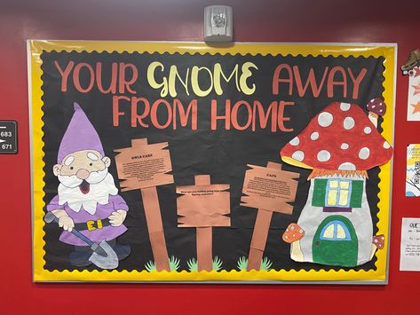 Gnome themed RA bulletin Fantasy Bulletin Board, Mushroom Bulletin Board, Gnome Classroom Door, Gnome Bulletin Board Ideas, Gnome Classroom Theme, Ra Themes Floors, Ra Hall Themes, Ra Floor Themes, Gnome Bulletin Board