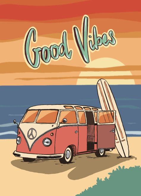 Vw Bus Art, Van Drawing, Retro Surf Art, Volkswagen T5, Bus Art, Sublimacion Ideas, Retro Painting, Vw Art, Retro Artwork