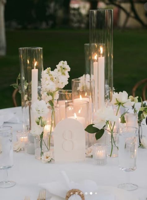 Candle Round Table Centerpiece, Wedding Lots Of Candles, Reception Tables With Candles, Wedding Table Flower Arrangements With Candles, Garden Reception Wedding Decorations, White Florals And Candles Wedding, Bridal Table Candles, Candles And Roses Centerpieces, Candles Reception Table