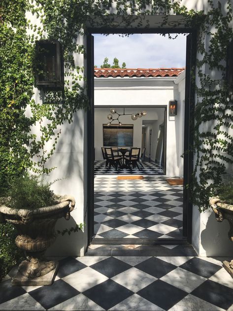 Checkered Paver Walkway, Checkered Walkway, Brewery Patio, Terrace Patio, Georgia Fowler, Mediterranean Mansion, Covered Balcony, Landscape Inspiration, Spatial Design