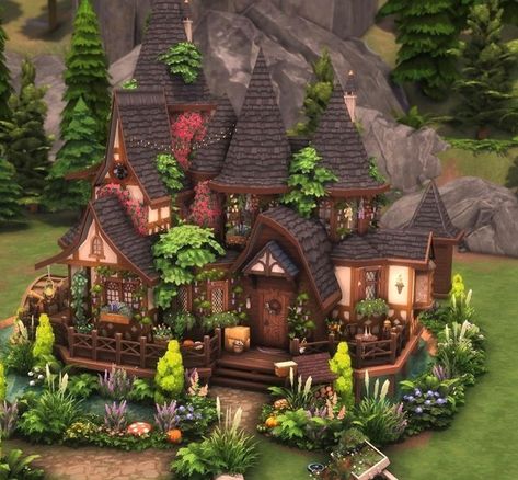 Sims 4 Witches House, Sims 4 Witch House Cc, Realm Of Magic Sims 4 House, Sims 4 Cottage Layout, Sims 4 Cottages, Sims 4 House Ideas Exterior, Sims 4 Witch Cottage, Sims 4 Magic House, Sims Landscaping