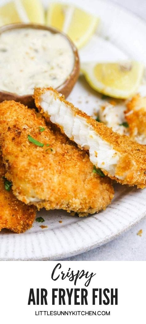 These golden fish fillets are cooked in the air fryer until crispy and delicious! Covered in a tasty crust, the fish remains soft and velvety from the inside. Ready in just 20 minutes! #airfryerrecipes #airfryerfish Easy Air Fryer Fish Recipes, Air Fryer Fish Fry, Fried Fish Air Fryer Recipe, Fried Haddock In Air Fryer, Air Frying Fish Fillets, Air Fried Halibut Recipes, Air Fried Flounder Recipes, Flounder Fish Recipes Air Fryer, Fish Air Fryer Recipes