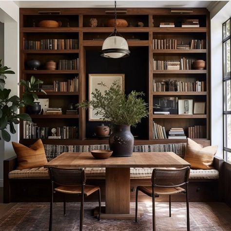 Dark Wood Study Room, Dining Room Office Combo Ideas, Home Library Design, Home Libraries, A Living Room, Home Library, Home Office Design, Banquette, Room Table