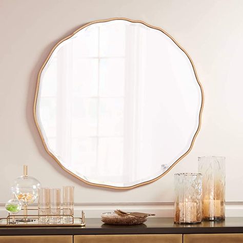 Amazon.com: Noble Park Lissa Round Vanity Decorative Wall Mirror Modern Gold Waved Edge Wood Finish Frame Round Beveled Glass 31 1/2" Wide Decor for Bathroom Bedroom Living Room Home House Office Entryway : Home & Kitchen Round Vanity, Decorative Wall Mirror, Wood Frame Construction, Circle Mirror, Metal Frame Mirror, Gold Waves, Mirror Lamp, Mirrors Edge, Living Room Mirrors