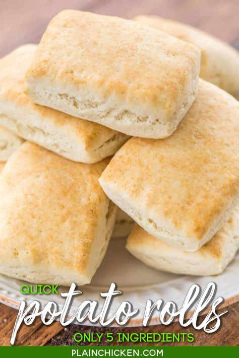 Quick Potato Rolls - only 5 ingredients & ready in 15 minutes!! No rising! Mix, press, cut, and bake. Perfect for breakfast, lunch, or dinner!! Instant mashed potato flakes, sugar, butter, water, and Bisquick. Serve the biscuits with butter, honey, syrup, or jam! These rolls fly off the plate!! Everyone LOVES this easy bread recipe! #bread #rolls #biscuits #bisquick Biscuits With Butter, Plain Chicken Recipe, Easy Bread Recipe, Potato Rolls, Instant Potatoes, Instant Mashed Potatoes, Potato Flakes, Savory Scones, Bisquick Recipes