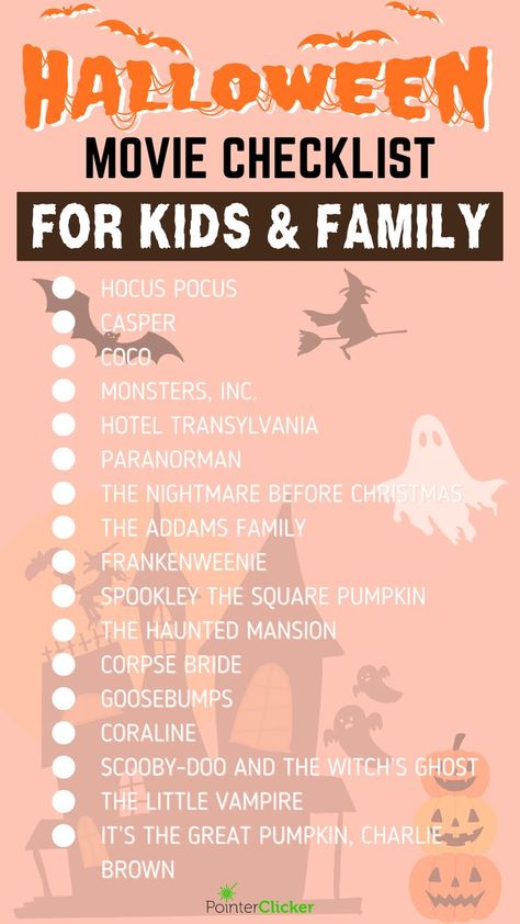 halloween movie checklist for kids and family Kids Movie Night Ideas, Kid Friendly Halloween Movies, Outdoor Movie Night Party, Halloween Movies List, Movie Night For Kids, Scary Films, Kid Friendly Halloween, Movie Night Party, Halloween Countdown