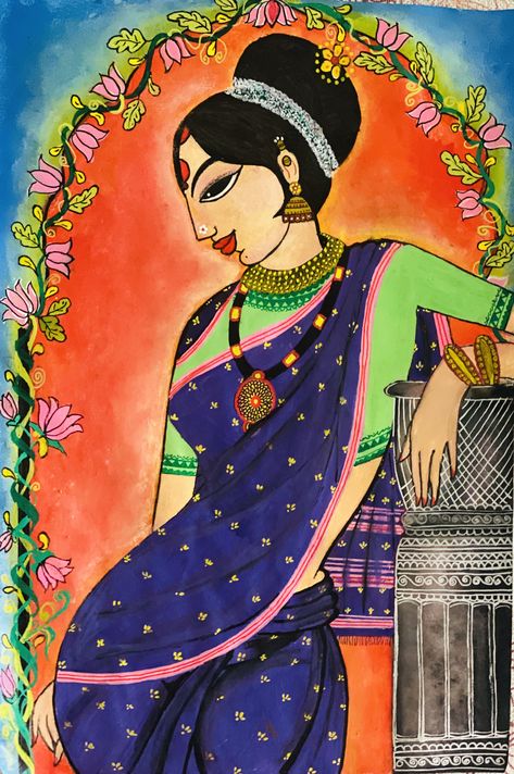 South Indian lady - Acrylic Painting Indian Tradition Painting, Acrylic Painting Canvas Woman, Indian Women Acrylic Painting, Marathi Lady Painting, Women Acrylic Painting Canvases, Indian Acrylic Painting Canvases, Varsha Kharatmal Paintings, Women Painting Ideas, Indian Lady Drawing