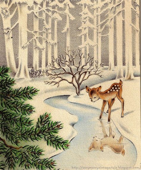 vintage christmas card (spotted by @Karrieubc483 ) Envelopes Decorados, Images Noêl Vintages, Christmas Card Images, Postal Vintage, Illustration Noel, Vintage Christmas Images, Mid Century Christmas, Vintage Deer, Images Vintage