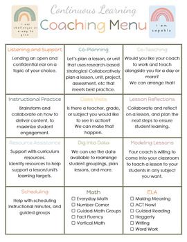 This is an Instructional Coaching Menu for you to provide your teachers throughout the school year. The menu will provide teachers with an overview of what the coach can offer them. This gives the teacher control of the support they need. Instructional Coaching Newsletter, Instructional Coaching Menu Services, Instructional Coaching Menu, Instructional Facilitator, Instructional Coaching Forms, Instructional Coaching Tools, Math Instructional Coach, Teacher Coaching, Academic Coaching