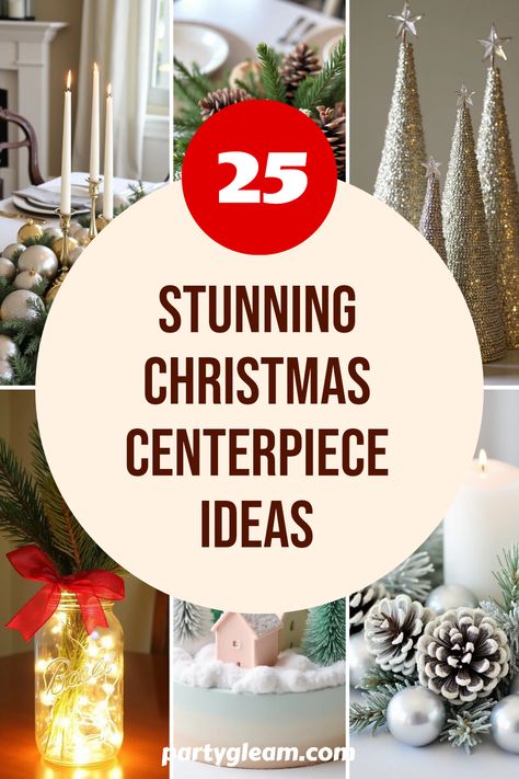 Looking to bring some festive cheer to your holiday table? Check out these 25 Christmas centerpiece ideas that everyone will love! From elegant silver and gold arrangements to charming natural centerpieces featuring seasonal greens, these ideas will add flair to your dining experience. Discover fun projects like rhinestone tree cones and cozy mason jar decor that capture the holiday spirit. Plus, explore delightful options like pastel villages and frosty themes to impress your guests. Make your dining table a festive focal point this Christmas! Floral Christmas Table Centerpieces, Lighted Table Centerpieces, Small Vase Christmas Decor, Silver Christmas Centerpieces For Table, Table Centrepiece Ideas Christmas, Christmas Centerpieces Ornaments, Christmas Village Dining Table, Christmas Party Centerpieces Round Table, Diy Christmas Centerpieces For Table Candle Holders