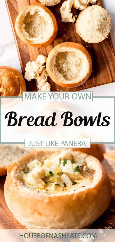 Take your comforting soup recipes up a notch by serving them in Homemade Bread Bowls! This easy bread bowl recipe is made completely from scratch with a handful of ingredients you'll already have on hand. For extra ease, the dough can be made ahead of time and then risen and baked right before serving. Perfect for soups and dips! #bread #bowls #breadbowls #soup #dip #homemade #French #homemade Panera Bread Bowl, Bread Bowls Recipe, Bread Bowl Soup, Homemade Bread Bowls, Home Made Bread, Bread Bowl Recipe, Bread Soup, Comforting Soup, Bread Bowl