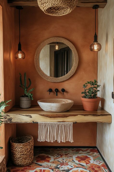 Elevate your space with boho vibes and modern bathroom ideas! This rustic sink and natural decor create a warm, inviting atmosphere. Incorporate plants and woven elements for a touch of greenery and texture. #InteriorDesign #BohoBathroom #ModernBathroomIdeas Boho Natural Home Decor, Boho Country House Ideas, Desert Color Bathroom, Desert House Bathroom, Boho Bathroom With Plants, Mid Century Modern Boho Bathroom, Desert Oasis Bathroom, Bathroom Decor Ideas White Cabinets, Spanish Boho Bathroom