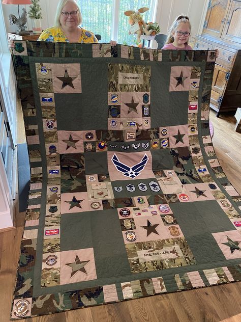 Airforce Quilt Ideas, Army Quilt Ideas, Military Quilt Ideas, Flag Shadow Box Ideas, Air Force Quilt, Marine Quilt, Army Quilt, Military Quilts, Quilting Fabric Projects