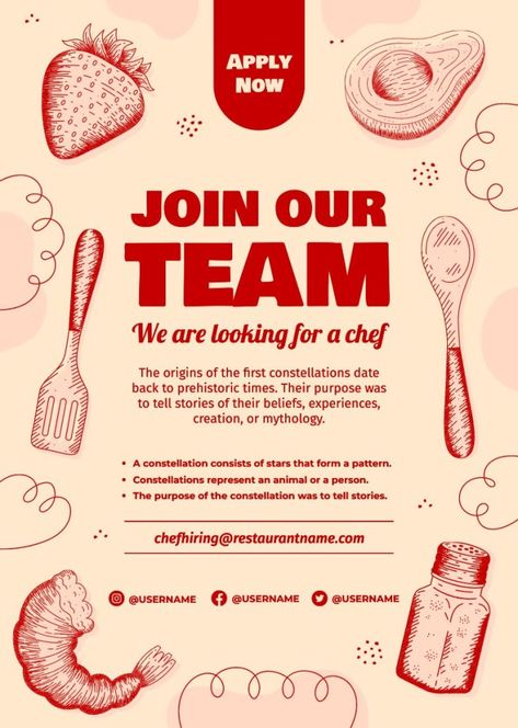 Hand-drawn Linear We're Looking For A Chef Poster For Hire Poster, Hiring Poster Restaurant, We’re Hiring Poster, Were Hiring Poster, Restaurant Event Poster, Marketing Poster Ideas, Hiring Poster Design Ideas, Join Us Poster, Hiring Poster Creative