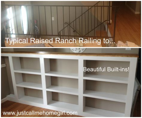 When my husband and I started looking for homes I knew I didn’t want a raised ranch, but here in NY they are pretty much the norm. I thought that they were all the same, predictable and just blah. Well of course when my husband found our home online and we went to see … Alternative Banister Ideas, Entryway Raised Ranch, Top Of Stairs Upstairs Landing Railings, Banister Shelves, Split Level Entry Chandelier, Banister Alternatives, Railing Replacement Ideas, Bookshelf Banister, Railing Alternatives