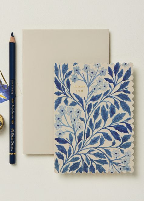 Wanderlust Paper Co. Blue Flora 'Thank You' Card Blue Cards Ideas, Card Illustration Ideas, Thank You Card Art, Thank You Painting, Thank You Card Illustration, Thank You Card Homemade, Thank You Card Drawing, Thank You Drawings Ideas, Thank You Art