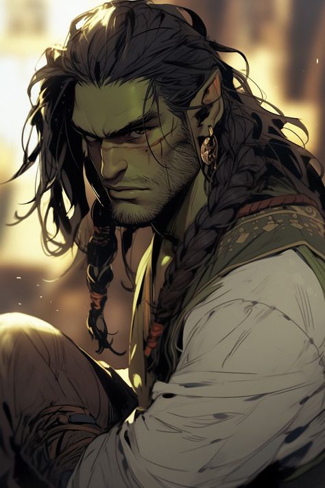 Half Orc Drawing, Orc Male Character Design, Goblin Oc Male, Dnd Male Character Art, Half Orc Male Character Design, Half Orc Half Elf, Fantasy God Concept Art, Male Sorcerer Character Design, Half Orc Dnd Male