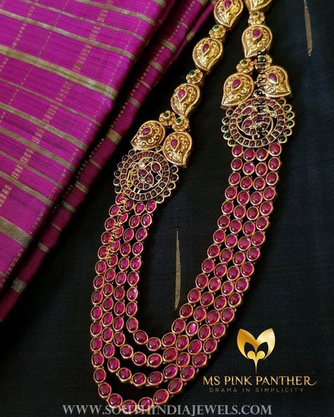 Gold+Plated+Ruby+Haram+With+Side+Locket #GoldJewelleryRoyal Kempula Haram Designs, Ruby Haram, Pretty Choker Necklace, Haram Designs, Long Stone Necklace, Long Haram, Simple Silver Jewelry, Handmade Gold Jewellery, Silver Rings With Stones