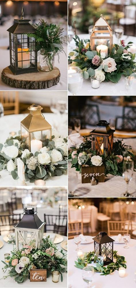 Diy Wedding Centerpieces Lanterns, Centerpiece With Lantern And Flowers, Rustic Lantern Centerpieces Wedding Table Decorations, Rustic Wedding Decor Lanterns, Mini Lanterns Wedding, Different Wedding Centerpieces, Wedding Centerpieces Lamps, Rustic Wedding Lanterns, Simple Lantern Centerpiece Wedding