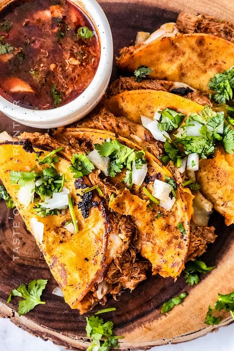 Liven up dinnertime with these Chicken Birria Tacos. Filled with juicy, flavorful chicken and a crispy shell, these are everyone's favorite! Birra Tacos, Birria Tacos Photography, Chicken Birria Tacos, Crispy Birria Tacos, Chicken Birria, Chicken Birria Tacos Recipe, Crispy Chicken Tacos, Seashell Cookies, Chicken Enchiladas Verde