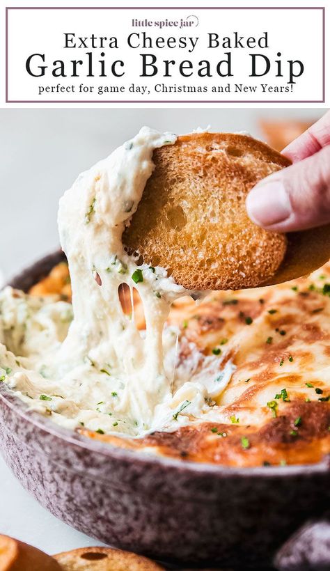 Cheesy Baked Garlic Bread Dip – an easy recipe for homemade dip that tastes like garlic bread! Loaded with 5 kinds of cheeses, it's unbelievably delicious! #garlicbread #garlicbreaddip #ricottadip #bakedricotta #garlicdip #diprecipes | Littlespicejar.com Garlic Cheese Bread Dip, Garlic Bread Using Pizza Dough, Baked Garlic Dip, Baked Garlic Bread Dip, Best Dips For Sourdough Bread, Dips With Bread, Bread Bowl Dip Recipes, Bread Dip Recipes, Garlic Cheese Dip