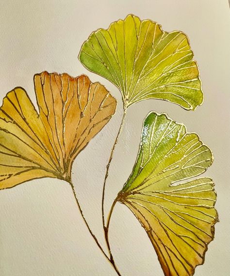 An arrangement of 3 Ginko leaves, painted in watercolour and enhanced with Outlining Size and Gold Foil Ginko Leaves Aesthetic, Ginko Embroidery Pattern, Ginkgo Leaf Painting, Ginko Leaf Paintings, Ginko Drawings, Watercolor Ginko Leaves, Ginkgo Leaf Watercolor, Ginko Leaves Painting, Gingko Leaves Art