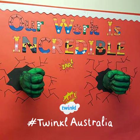 Superhero Classroom Decorations, Superhero Class, Hulk Hands, Superhero School, Superhero Classroom Theme, Superhero Classroom, Class Displays, Display Lettering, Super Hero Theme