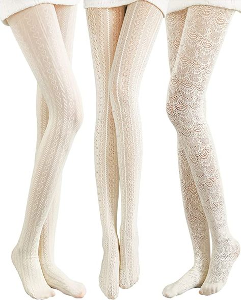 White Patterned Tights, White Lace Tights, White Tights Outfit, Stockings Aesthetic, Knitted Tights, Minimal Clothing, Thick Tights, Cute Tights, Lace Stockings