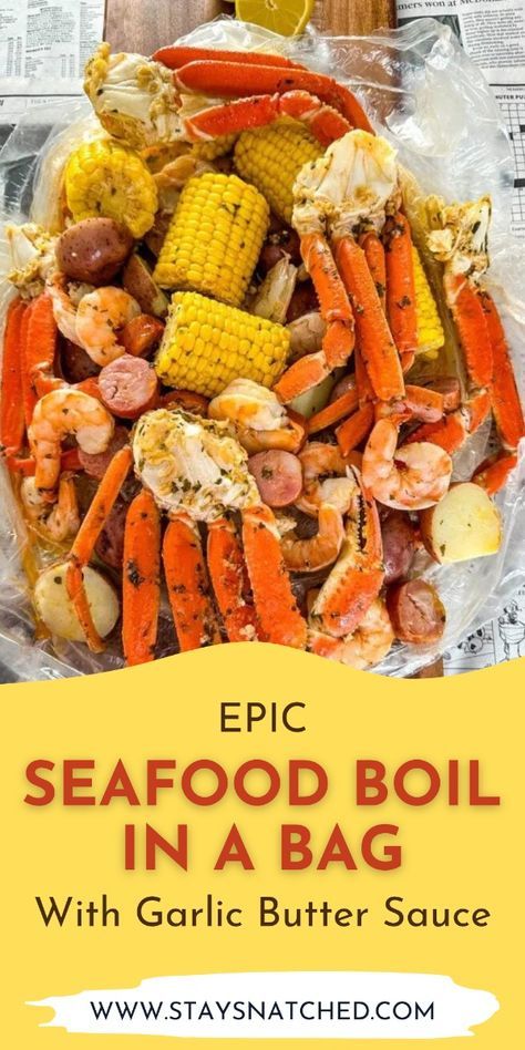 This epic seafood boil in a bag with garlic butter sauce is  is packed with shrimp, crab, sausage, and more. This seafood boil is something you would order at a fancy restaurant, but you can make it at home. This dish brings all the delicious flavors of a traditional boil with the convenience of a cooking bag. Best Seafood Boil Recipes In Bag, Seafood In A Bag Recipes, Oven Crab Boil, Crab Boil In A Bag Recipe, Seafood Boil Bag Recipes, Seafood Boil Recipes In A Bag, Seafood Boil In Oven, How To Make A Seafood Boil At Home, Crockpot Seafood Boil