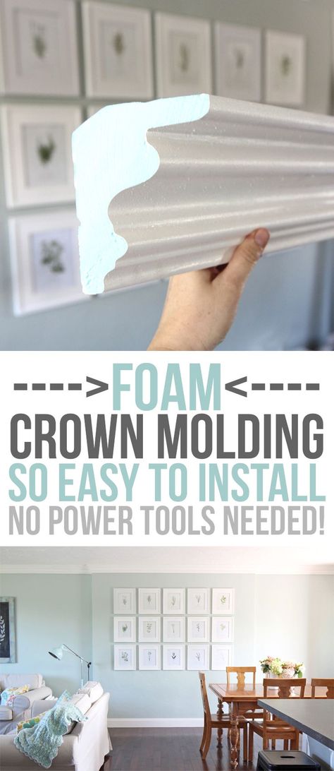 FOAM crown molding is easier to install than traditional molding, but once it's up, it looks the same! No power tools required, it is installed with glue. Pre-made corners available too! DIY home upgrades for the beginning remodeler. Foam Crown Molding, Crown Molding Installation, Foam Crown, Diy Home Upgrades, Crown Moldings, Home Remodeling Diy, Diy Remodel, Home Upgrades, Crown Molding