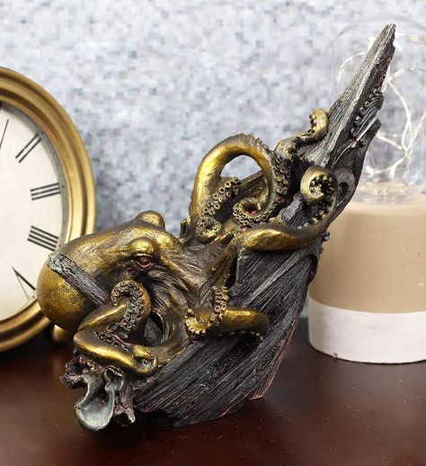 https://www.wayfair.com/decor-pillows/pdp/breakwater-bay-shipwrecked-giant-octopus-kraken-sinking-ferry-ship-bow-decorative-paperweight-statue-75-tall-fictional-crushed-nautical-disaster-memorial-monument-replica-desktop-figurine-w004869393.html Dark Ocean Bathroom, Kraken Decor, Bathroom Decor Hobby Lobby, Pirate Bathroom Decor, Deep Sea Diver Art, Bedroom Wishlist, Dark Nautical, Sea Core, Gothic Bathroom Decor