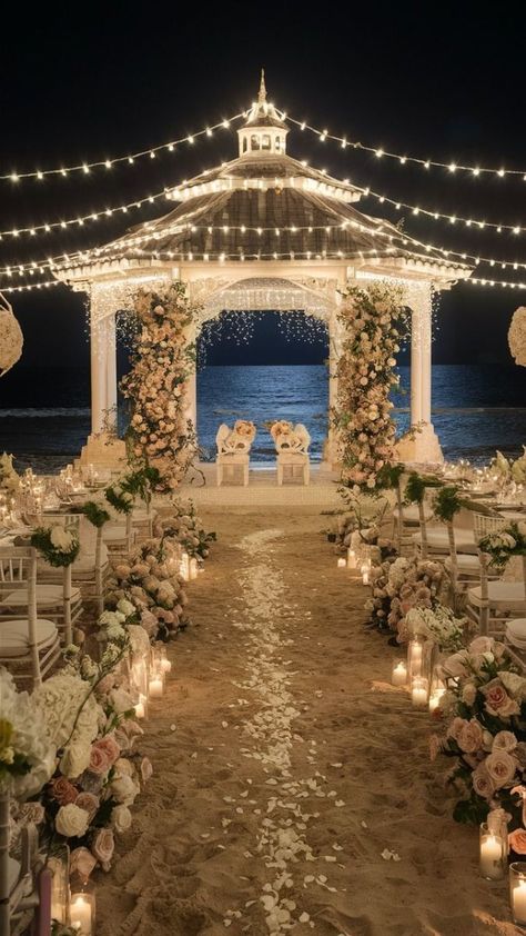 15 Beach Wedding Ideas Perfect for Your Big Day | Beach Wedding Inspo Beach Wedding Night Time, Cute Beach Wedding Ideas, Fairytale Beach Wedding, Beach Venue Wedding, Ocean Wedding Venue, Dream Wedding Beach, Simple Beach Wedding Ideas, Fun Beach Wedding, Beach Inspired Wedding