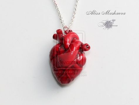 Anatomic Heart by Krinna.deviantart.com Anatomic Heart, Anatomical Heart Pendant, Anatomical Heart Necklace, Fruit Jewelry, Polymer Earrings, Anatomical Heart, Classy Jewelry, Clay Charms, Cold Porcelain