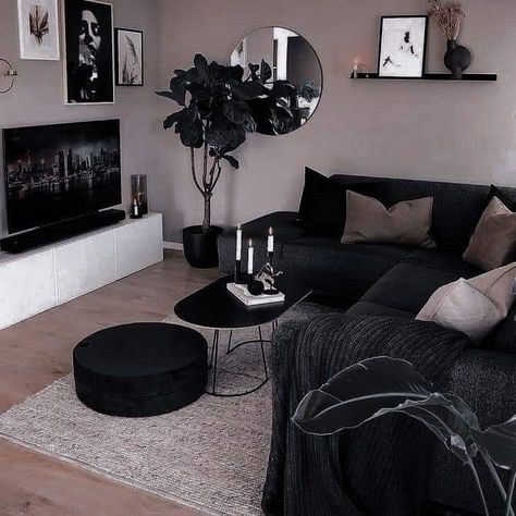 Lounge Room Aesthetic Dark, Dark Modern Lounge Room, Modern Black And Neutral Living Room, Grey Black And Dark Brown Living Room, Burgandy Black Living Room, White Coffee Table With Black Couch, Dark Minimalist Aesthetic Apartment, Living Room Design Dark Couch, Minimalist Goth Apartment